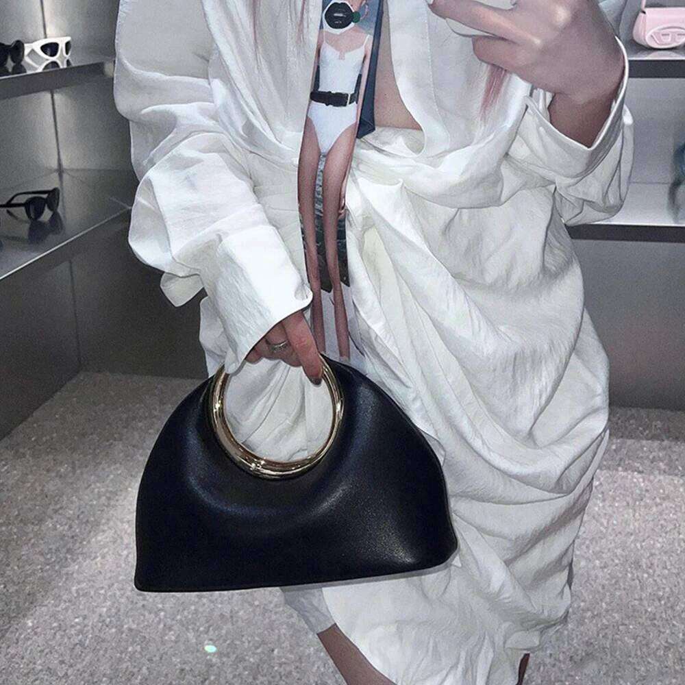 Metallic Round Handle Handbag Designer Evening Bags for Women Soft PU Leather Shoulder Bag Half Moon Cloud Clutch