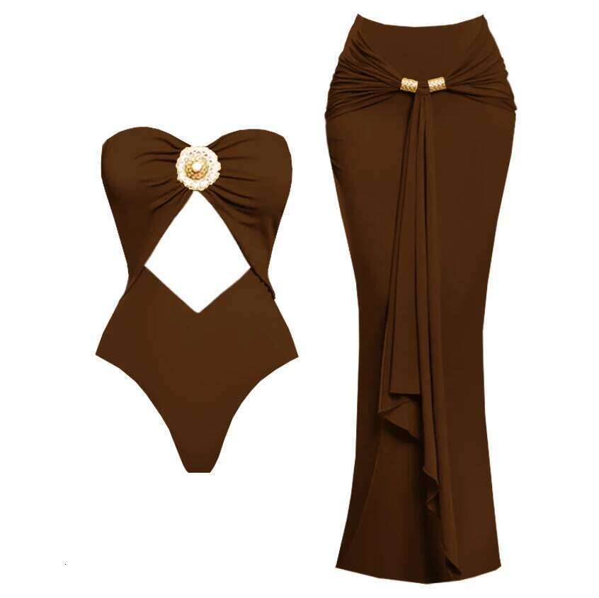 2025 New Retro Tube Top High Quality One Piece Swimsuit And Skirt Print Deep-V Lace-up Women Bikini Set Swimwear Bathing Suit