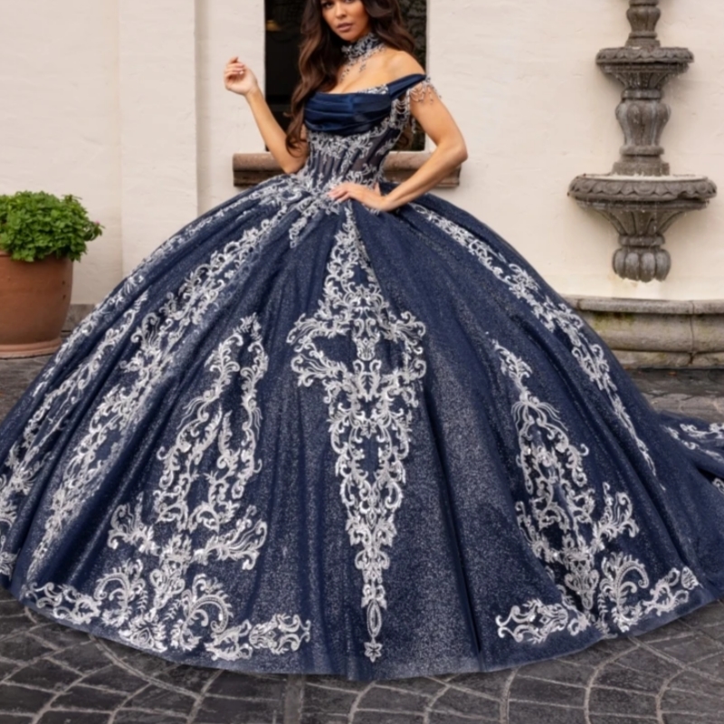 2025 Navy Blue Quinceanera Dresses Ball Gown Silver Lace Applique Beading Sweet 16 Dress Vestidos De 15 Anos