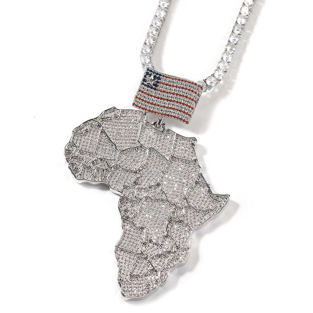 14K Gold Street Hip Hop Africa Map Pendant Full Iced Out Cubic Zirconia Flag Charm Trendy Mens Necklace Collar Aesthetic Punk Rock Rapper Jewelry Acce