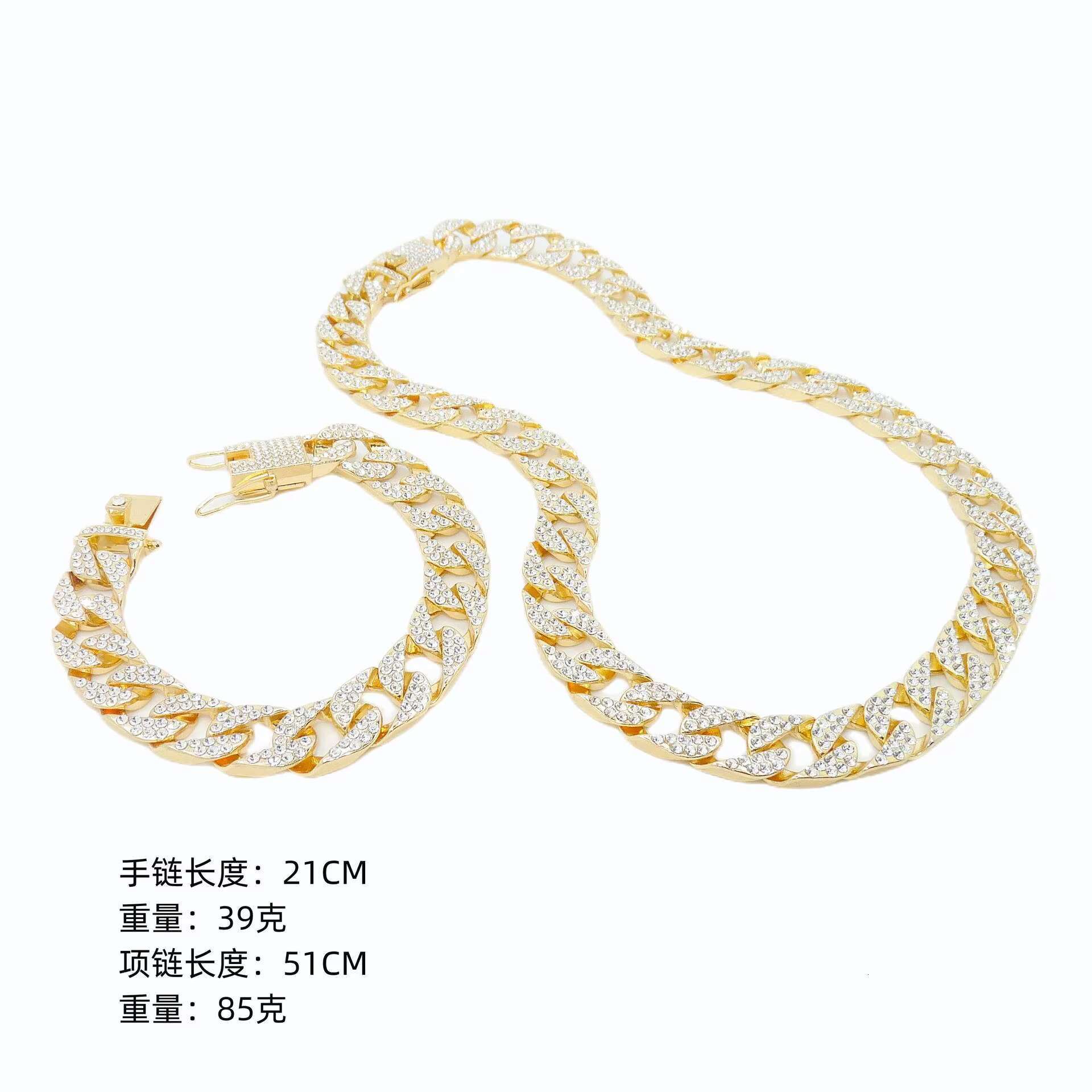 Full Diamond Hip Hop Style Cuban Chain Necklace Bracelet for Men Women Gold Plated Alloy Trendy Fashions Suit for Personalities