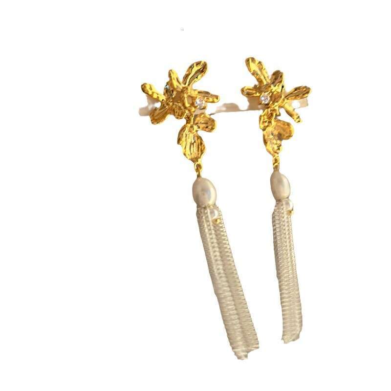 Sier Needle Inlaid Dia Flower Tassel Pearl Niche for Women Fashionable Elegant Earrings Light High-end Feel