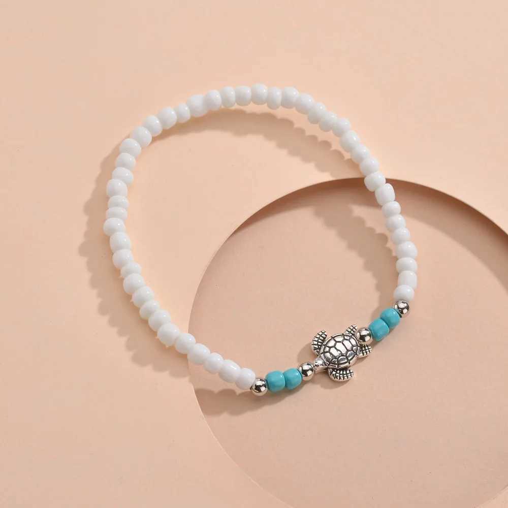Cute Sea Turtle Rainbow Beaded Anklets For Women Elastic Rope Chains Adjustable Ankle Bracelet Beach Jewelry Summer Accessories U250624