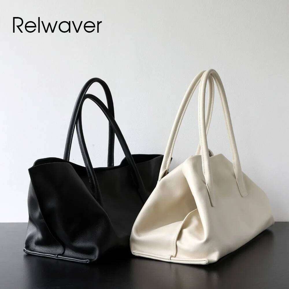 Luxury Designer bags Relwaver women handbag genuine leather tote 2025 autumn winter white black soft trapeze big composite shoulder bag