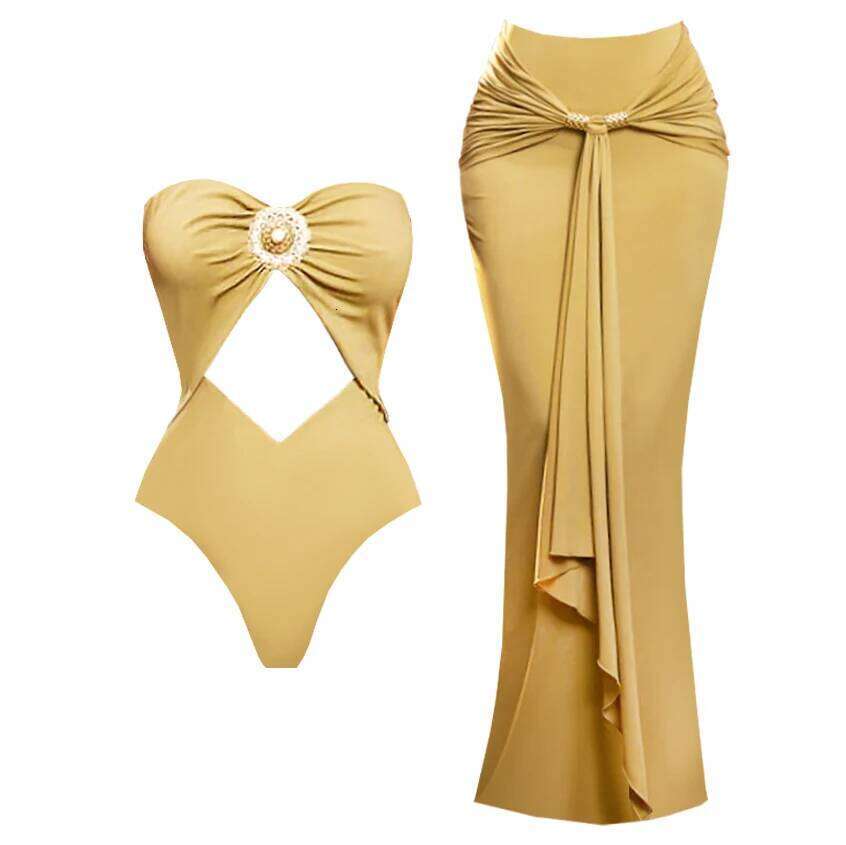 2025 New Retro Tube Top High Quality One Piece Swimsuit And Skirt Print Deep-V Lace-up Women Bikini Set Swimwear Bathing Suit