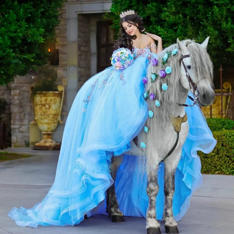 Light Blue Quinceanera Dresses Off The Shoulder Beading Appliques Bow Tull Corset Mexican Girls Sweet 16 Dress Ball Gown Vestidos 15 De Anos