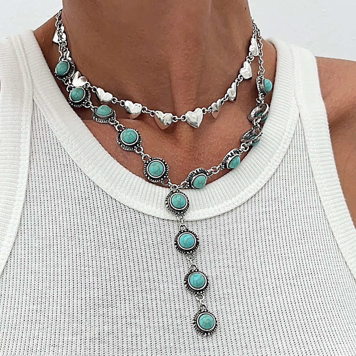 Accessories Ethnic Style Y-shaped Tassel Creative Vacation Heart-shaped Turquoise Pendant Necklace