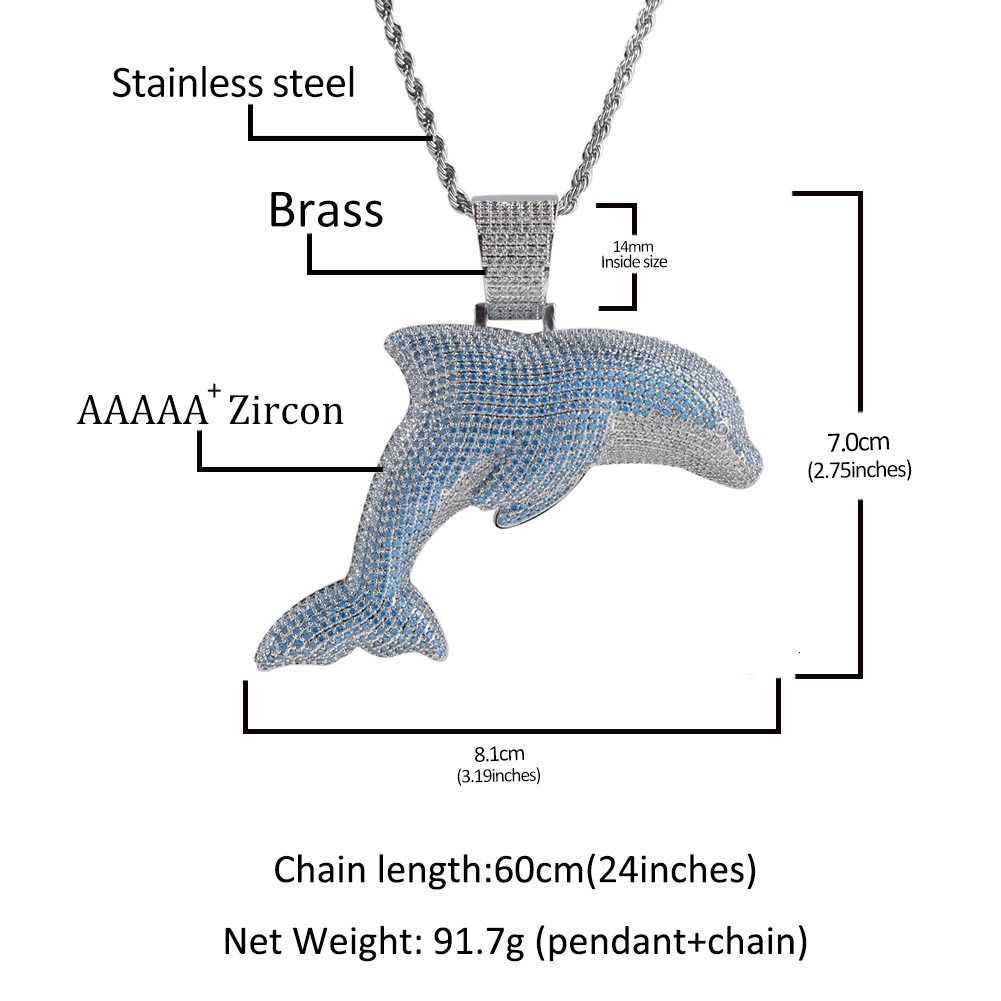 14K Gold Personalized Creative Large Blue Dolphin Pendant Necklace Ins Celebrity Hip Hop Cartoon 5A Cubic Zircon Trendy Cool Collar Hip Hop Rapper Jew