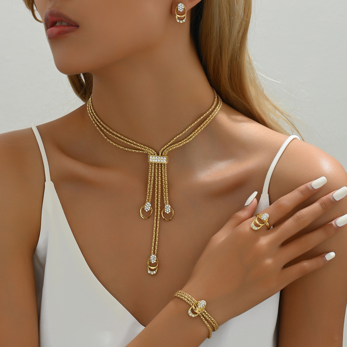 New Simple Fresh Necklace And Earring Set With Inlaid Design Clavicle Chain Index Finger Ring
