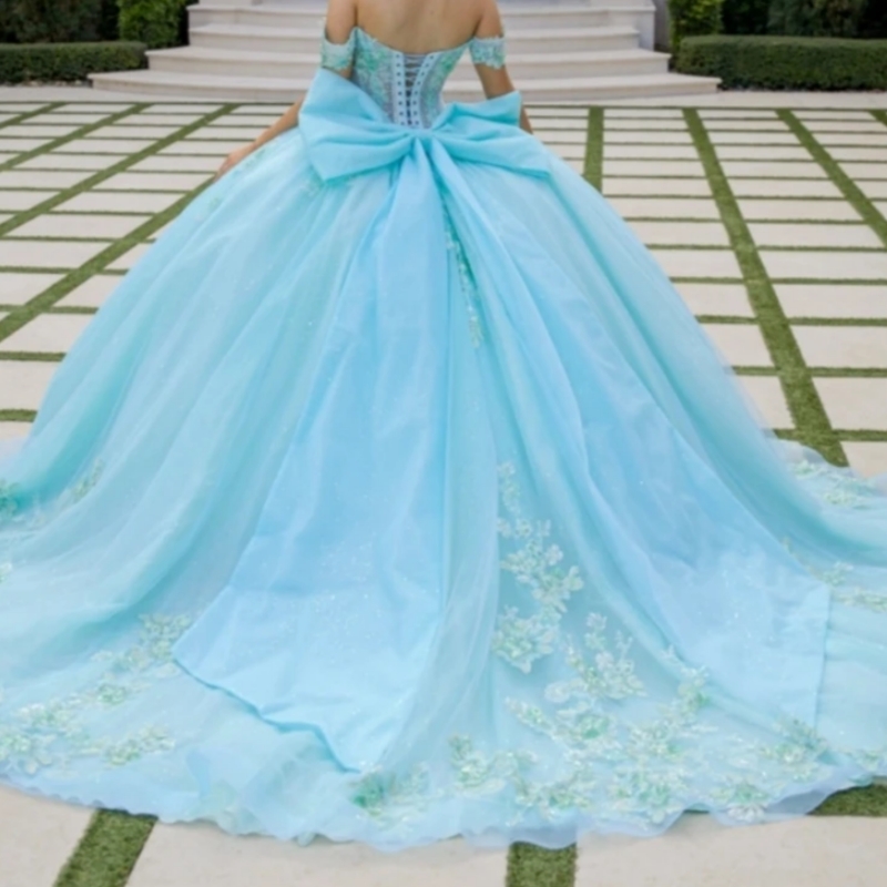 Sparkly 2025 Mint Green Quinceanera Dress Ball Gown Floral Applique Beading Crystal Tull Bow Sweet 16 Dress Vestidos De 15 Anos
