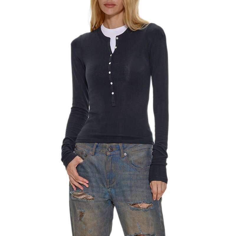 Henley Melard Outfit Cardigan Warm Base Open Collar T-Shirt Long Sleeve Knit Shirt Waist-Cinching Top B5