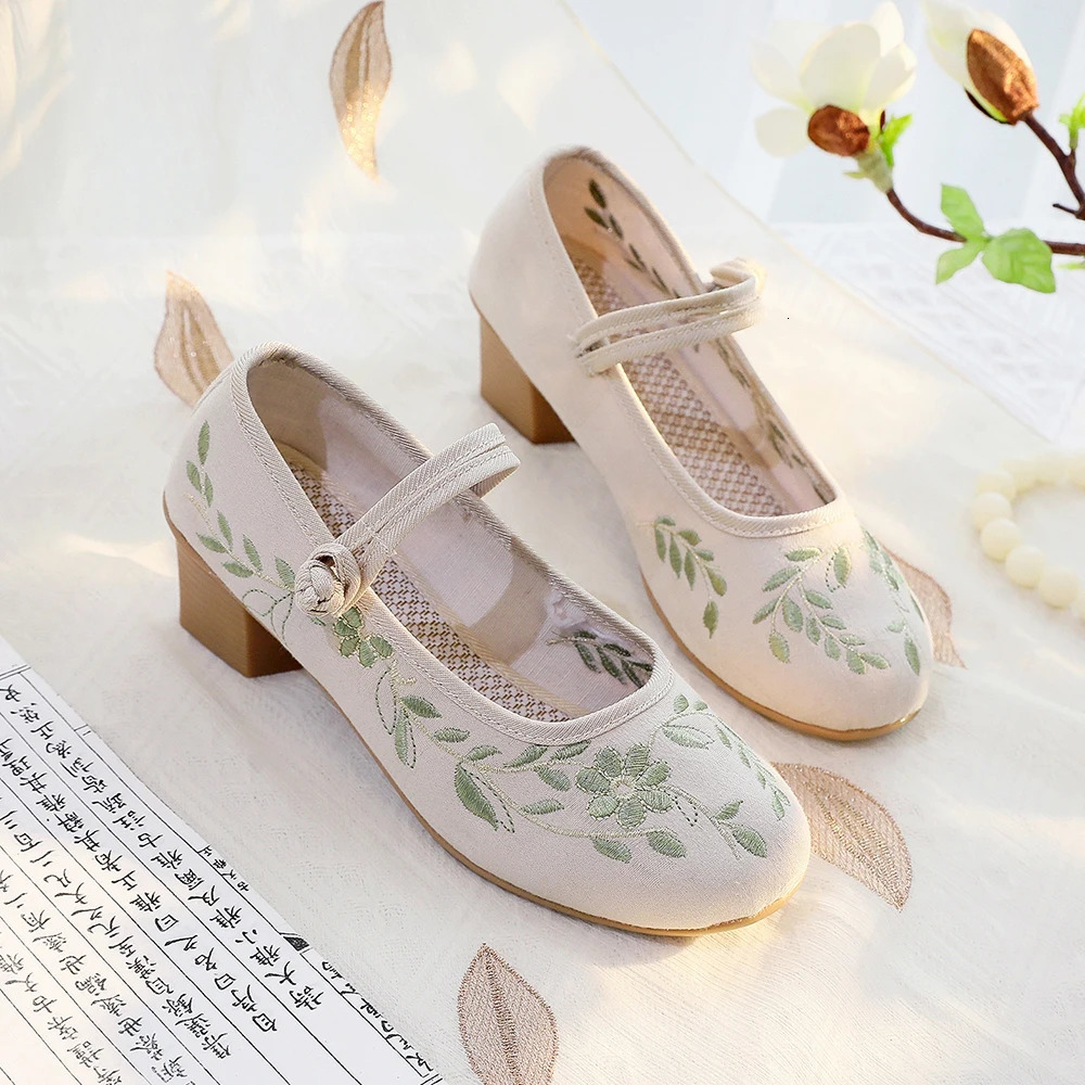 Veowalk 4cm Block Heels Women Cotton Embroidered Mary Jane Shoes Elegant Soft Comfortable Retro Costume Pumps White Beige 250624