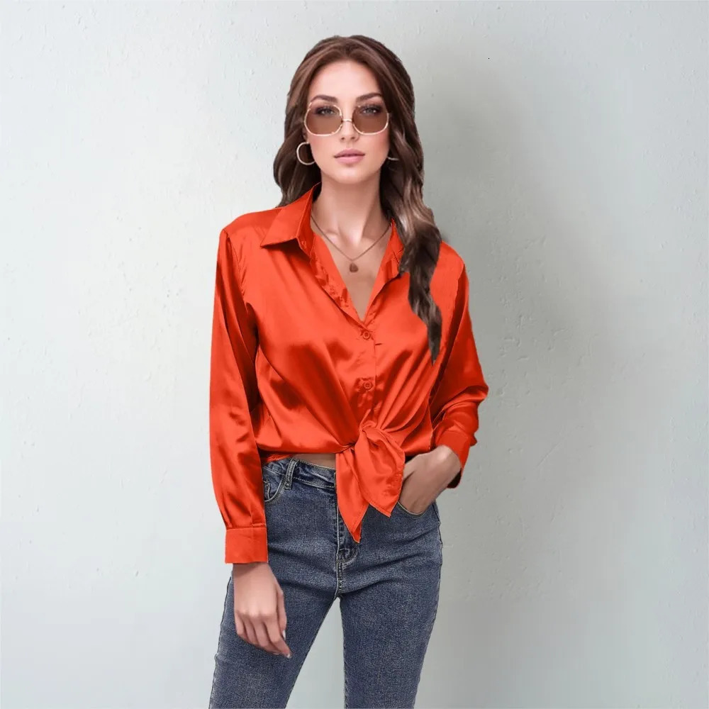 Spring Satin Shirt Women Loose Button Up Red Blouse Shirt Ladies Silk Long Sleeve Shirt For Women 250617