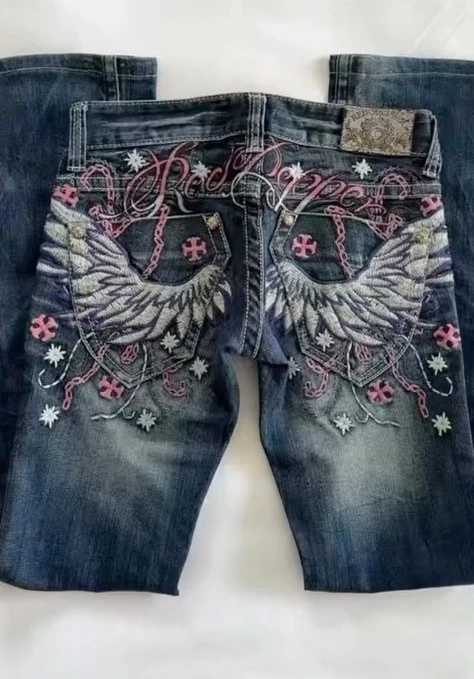 Y2K Pants Wings Letter Graphic Embroidery Slim Jeans Womens Harajuku Retro Blue Straight Jeans Gothic Low Waist Denim Trousers z250624BMVY