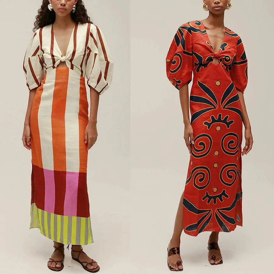 VEITCHE Summer Women Linen Material Long Dresses Fashion Chic Print Sexy Vneck Hollow Out High Waist Party Dress Lady robes 250616