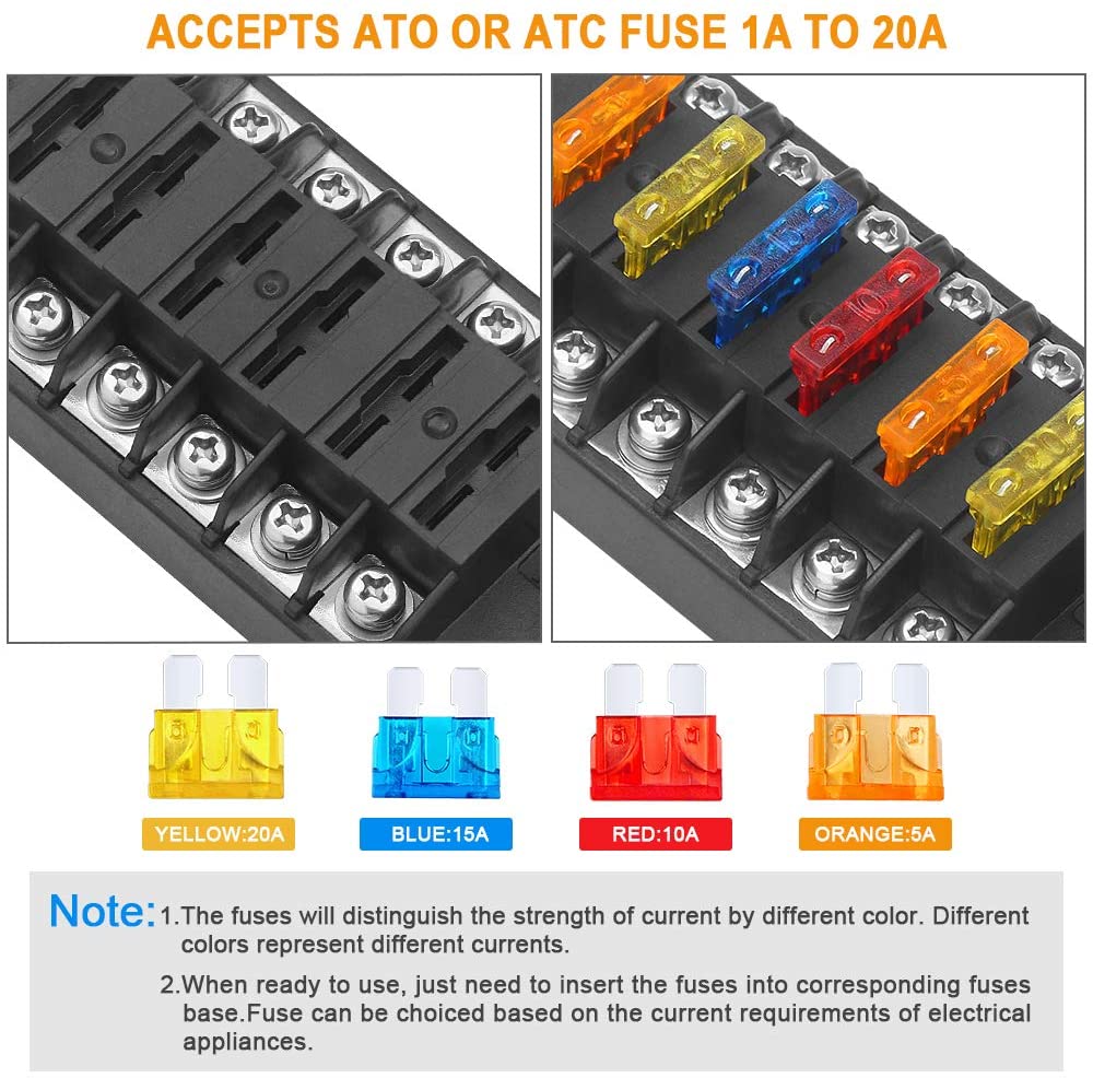 6 Way 12 Way Fuse Block Blade Fuse Box with Negative Bus, Waterproof Protection Cover Sticker Labels for 12V/24V Automotive Car Truck Boat Marine RV