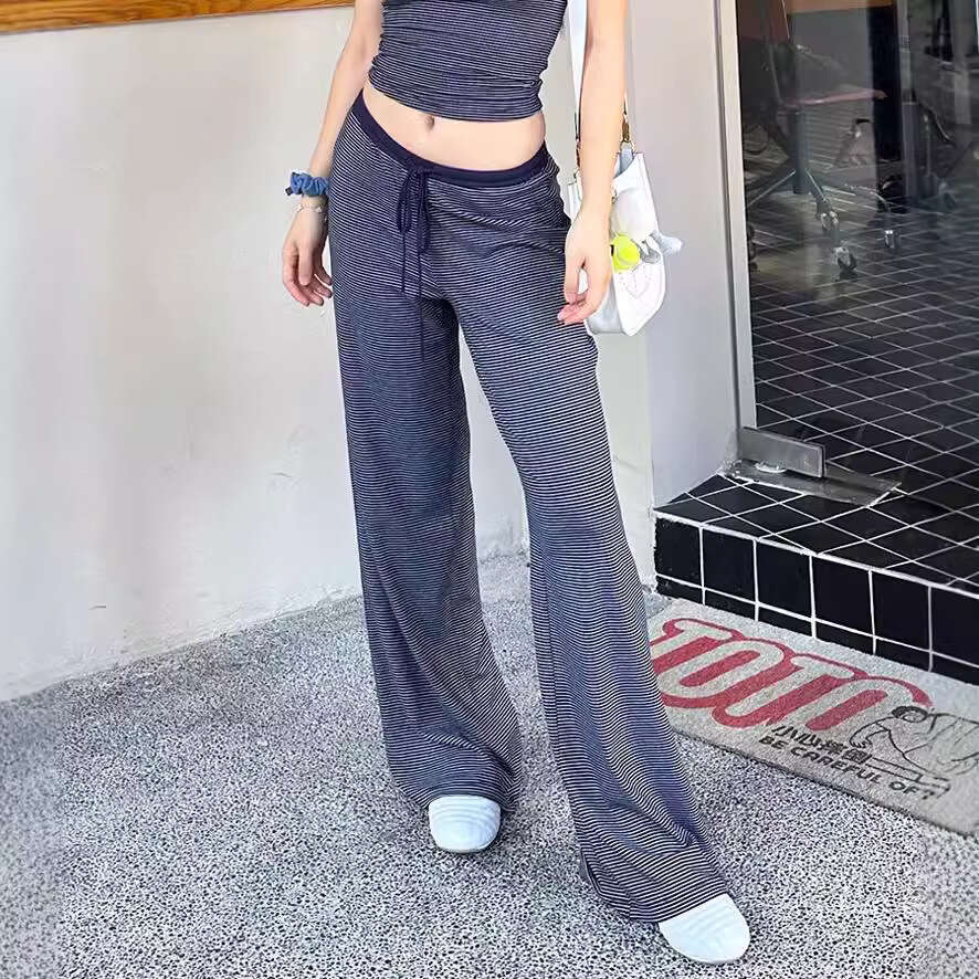 Trendy Niche Striped Design For Women With Drawstring Loose Casual Straight Draped Floor-Length Pants B5