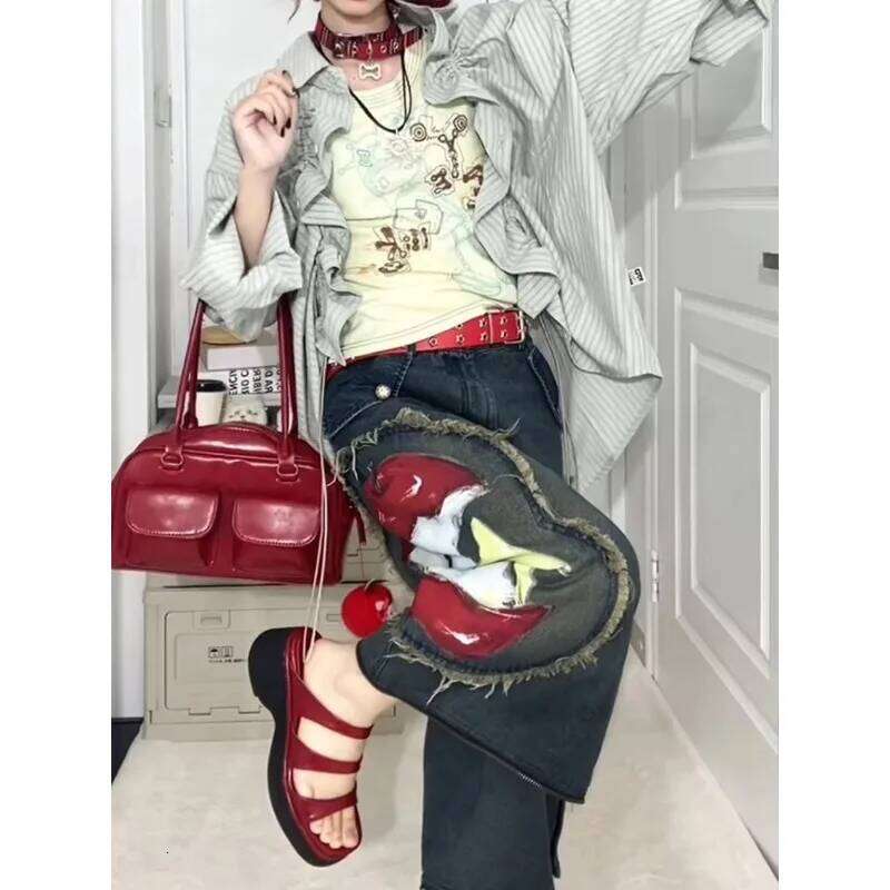 2025 Designer Jeans 2025 Fall Winter American Retro Plus Graffiti Printed Jeans Women y2k Removable Oversized Street Clothing Girl Fashion