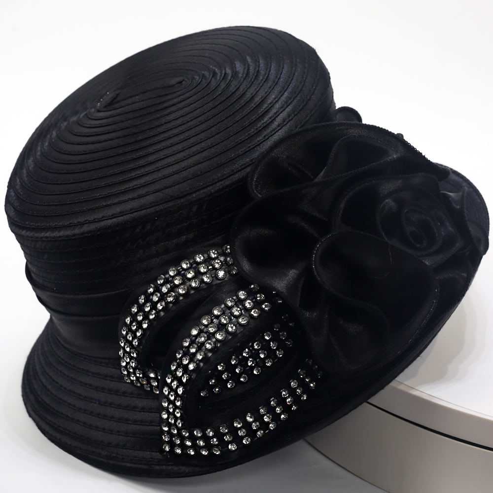 Elegant Black Church Hat with Rose Accent - Women's Wide Brim Derby Hat with Rhinestones for Sunday, Wedding, Tea Party & Race Day Events SD725