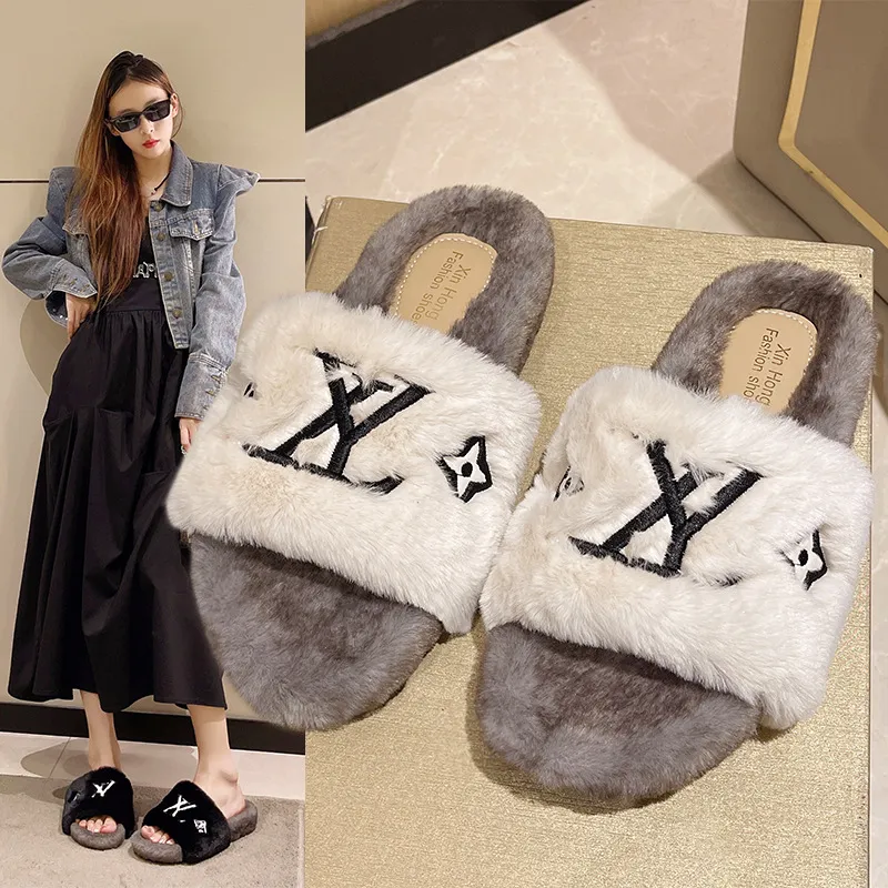 2025 Designer slippers Hairy slippers for women's outdoor wear Women's New Fairy Style letter embroidery one-line Fluffy Slippers outdoor ca