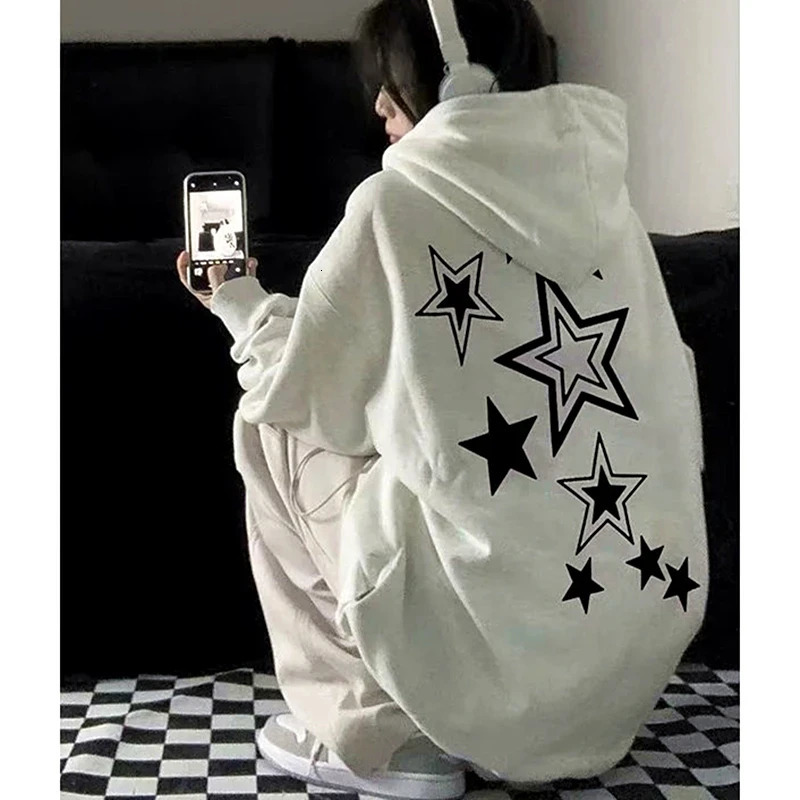 Harajuku Streetwear Sweatshirt Unisex Oversized Y2K Stars Printed Loose Long Sleeve Hoodies For Women Autumn Winter Cute Tops 250618