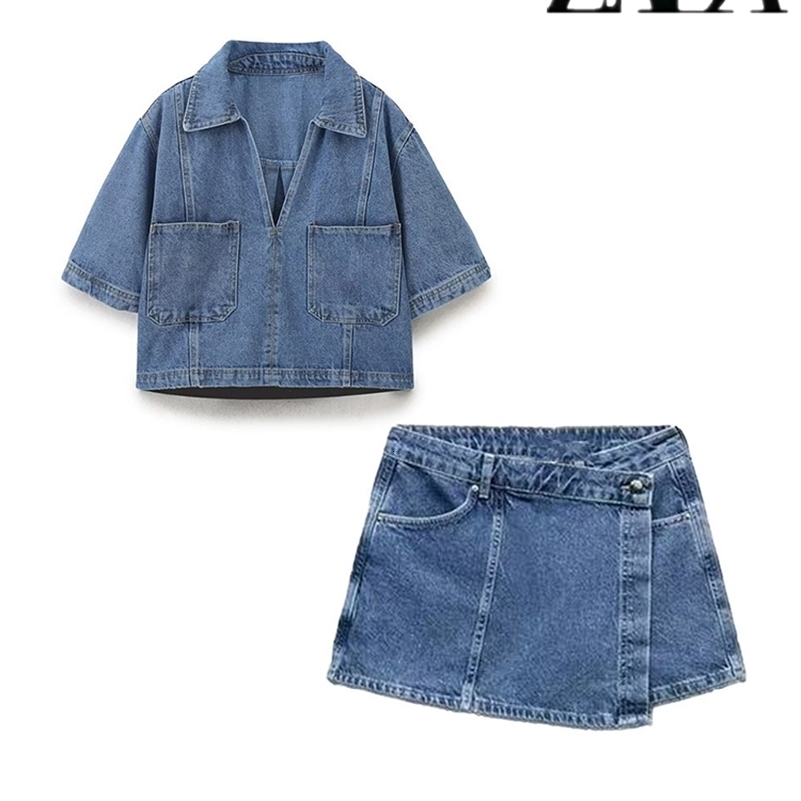TRAF Womens Pocket Decoration Loose Denim Suit Casual Lapel Short Shirt Asymmetric Skirt Versatile Two Piece Set 250614