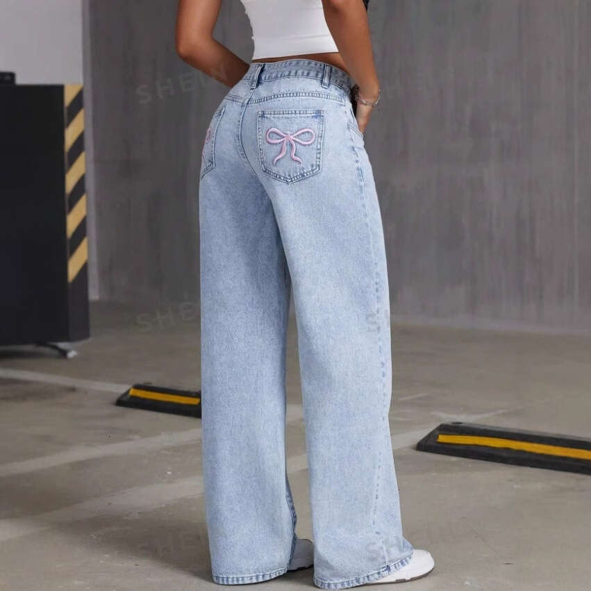 Bowknot Embroidered Washed Jeans For Women American Sweet And Spicy Style Straight Loose Long Pants B5