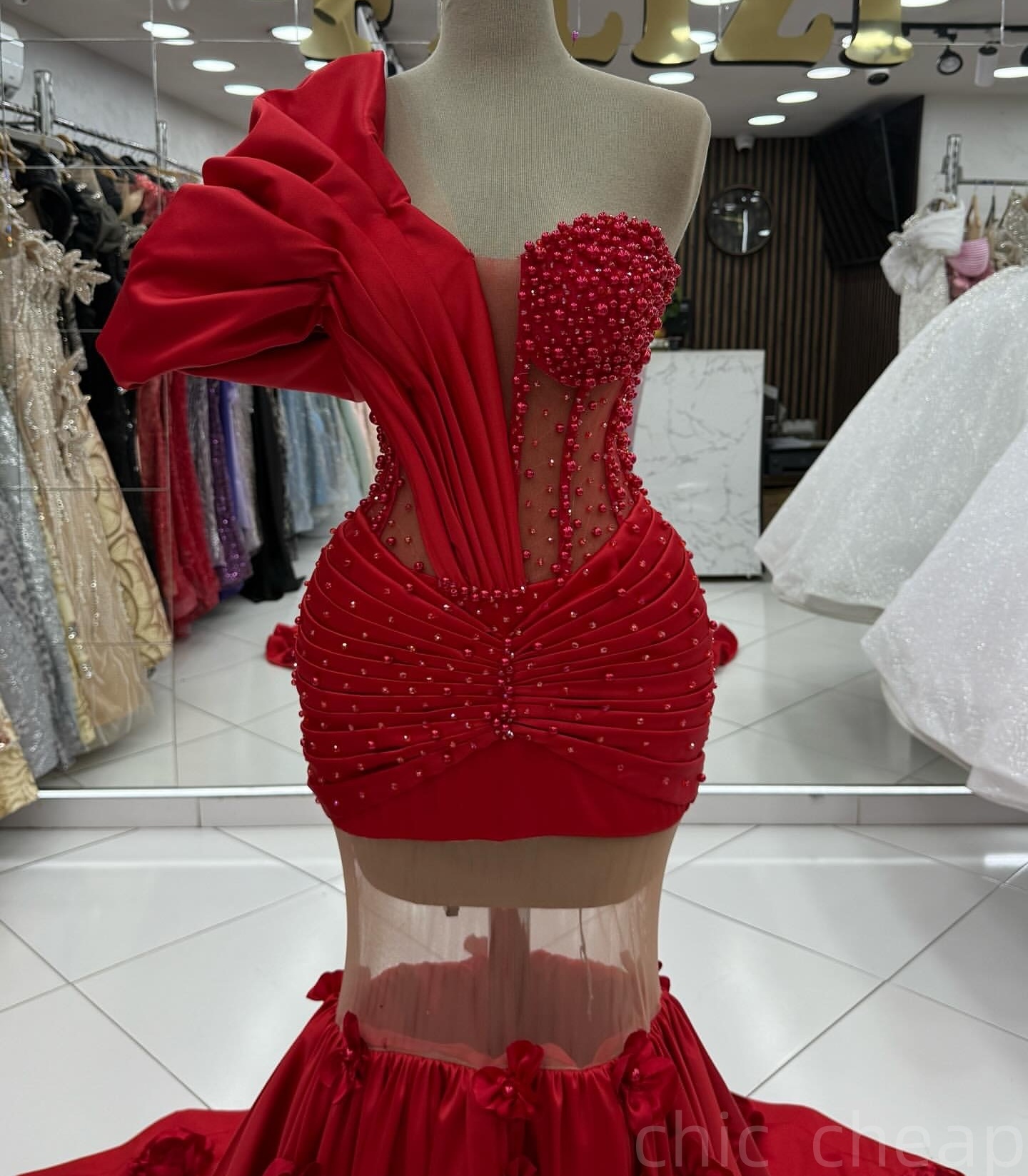 Red Mermaid Prom Dresses 2025 Pearls Beaded Flowers Satin One Shoulder Evening Formal Party Second Birthday Engagement Gowns Plus Size Dress For Speci