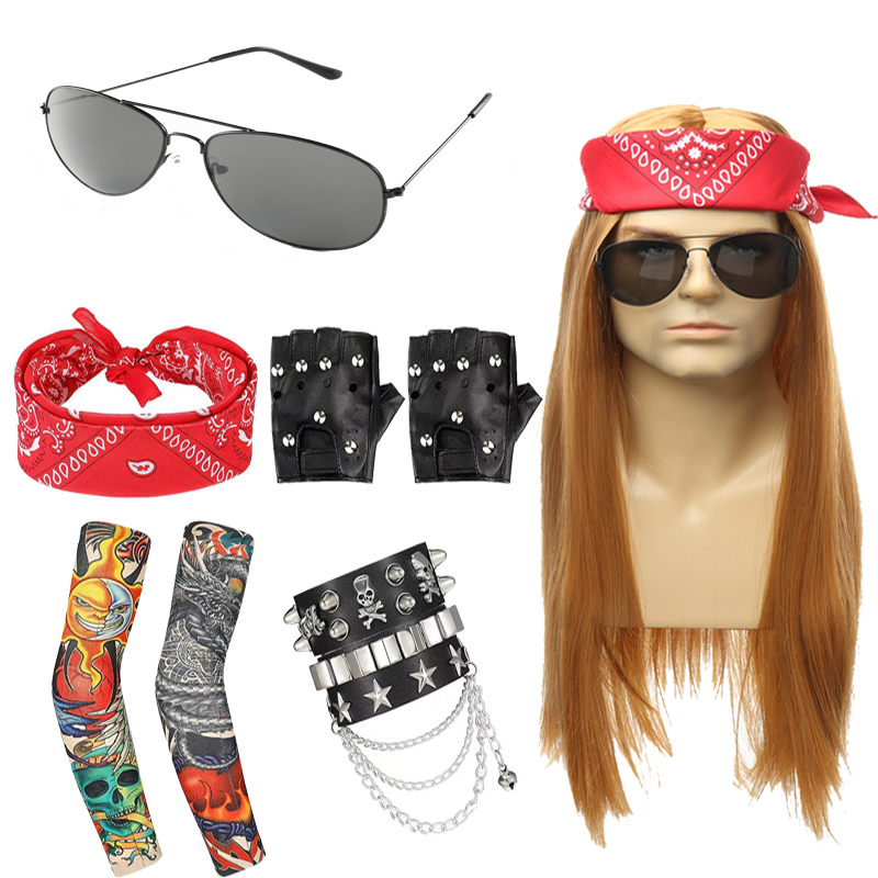 Men's and women's long straight hair 70's 80's heavy metal rock wig disco punk wig red yellow hip-hop trend role-playing cosplay