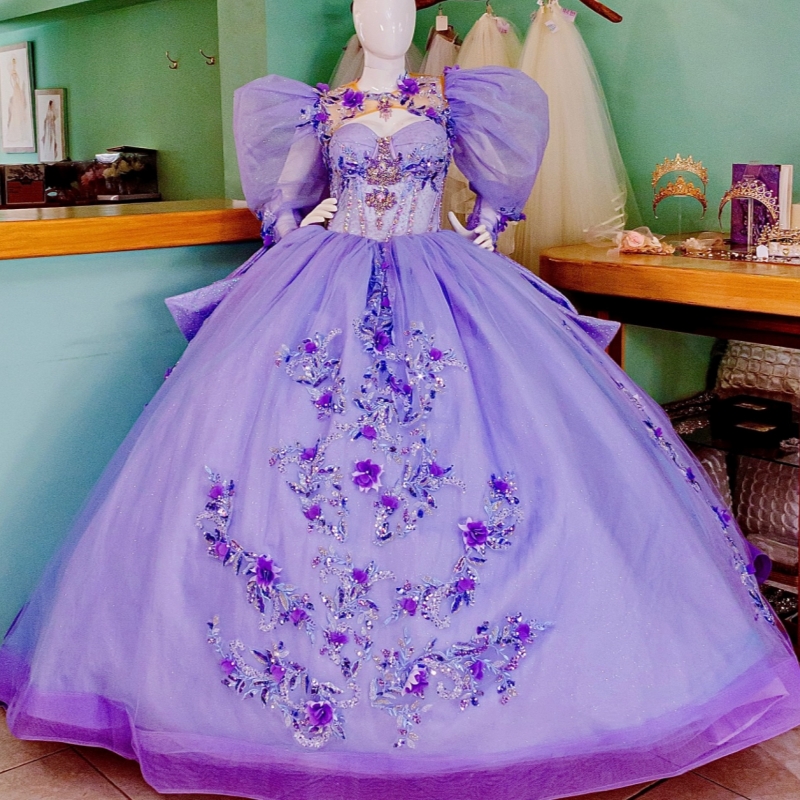Lavender Quinceanera Dresses Ball Gown Off The Shoulder Applique Flower Beading Crystal Bow Tull Corset Sweet 16 Dress Vestidos 15 Anos