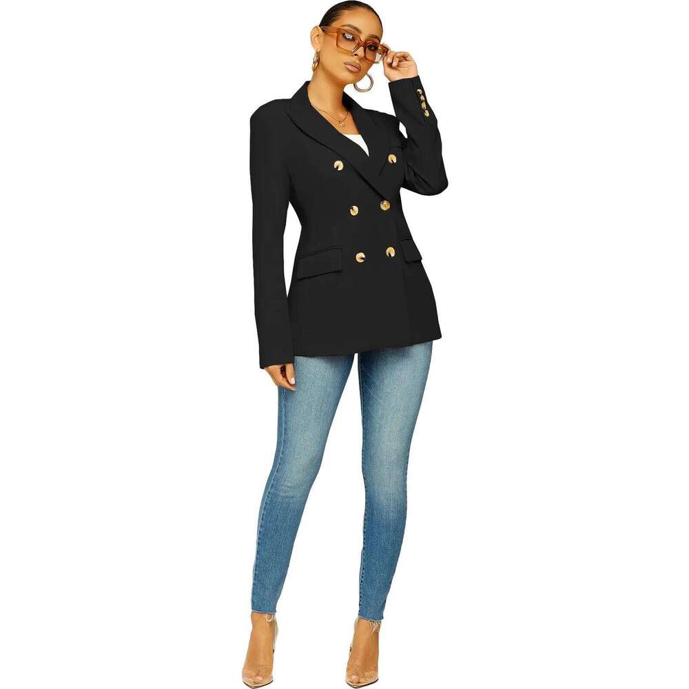 chic and elegant jacket Black blue slim double breasted blazer woman 2024 spring korean new in outerwears stylish coats