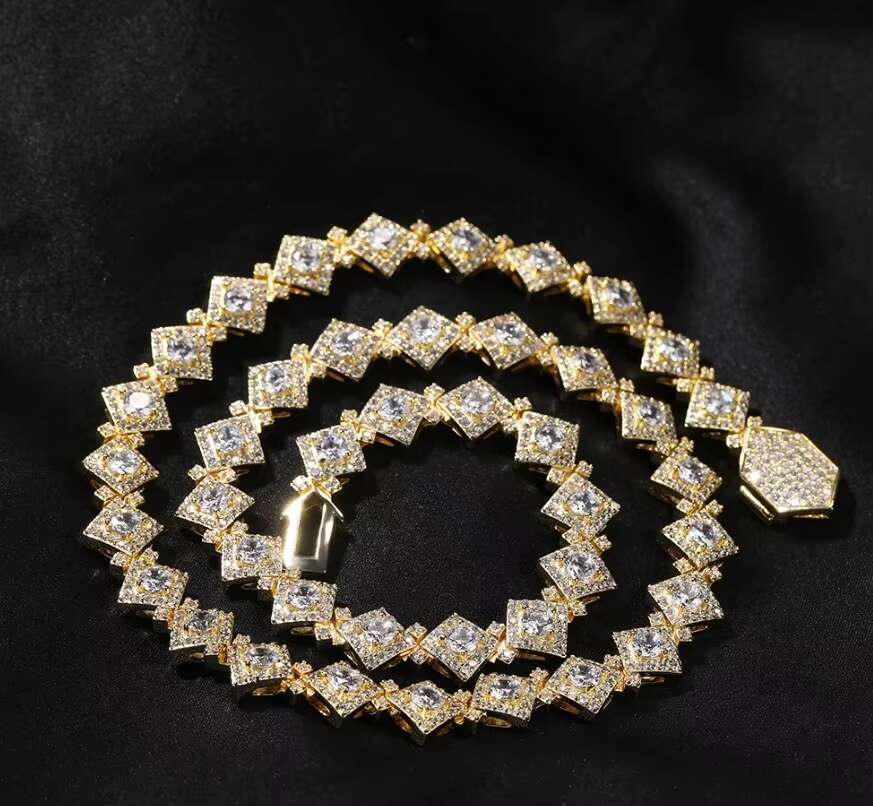 High Quality 12mm Moissanite Diamond Clustered Tennis Chain Rock Hip Hop Style Full Rapper Jewelry for Parties