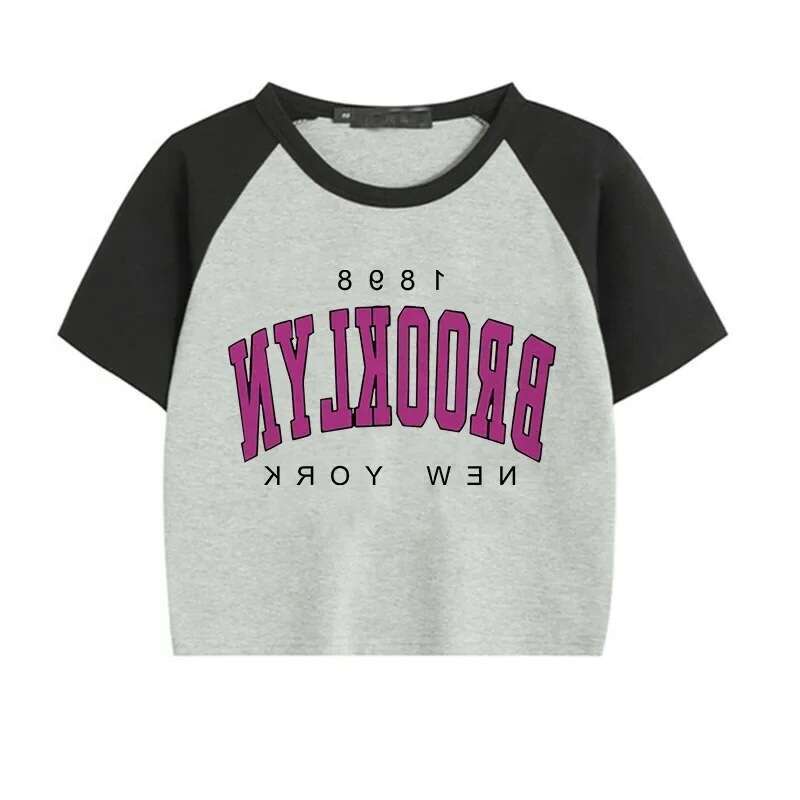 Women's Brooklyn 1898 Letter Print Crop Top Y2k Harajuku Short Tee Fun Graphic T-Shirt B5