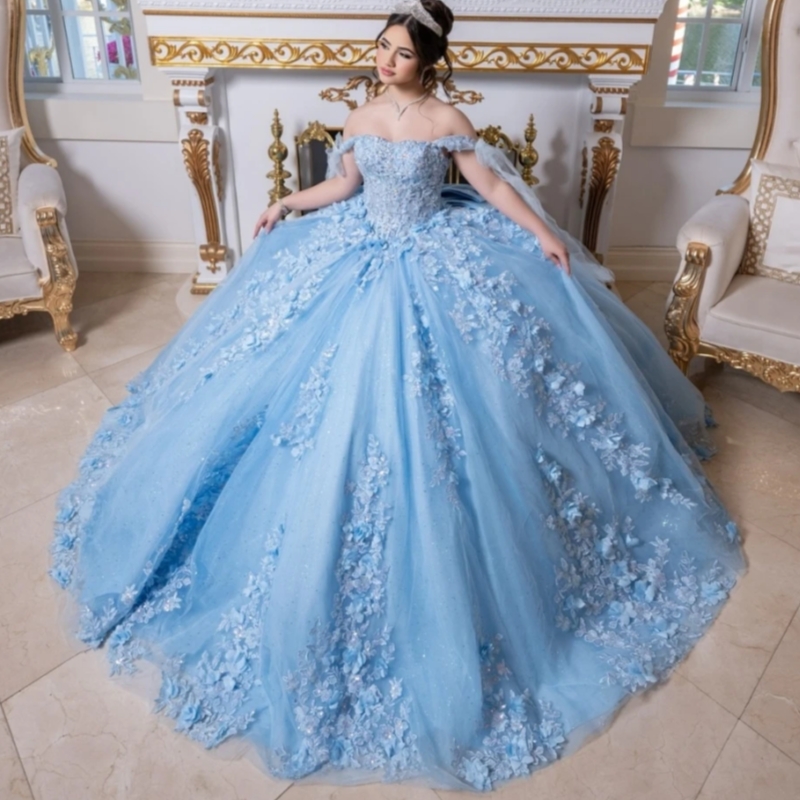 Glitter Sky Blue Quinceanera Dresses Ball Gown Floral Applique Beading Bow Sweet 16 Dress Vestidos De 15 Anos
