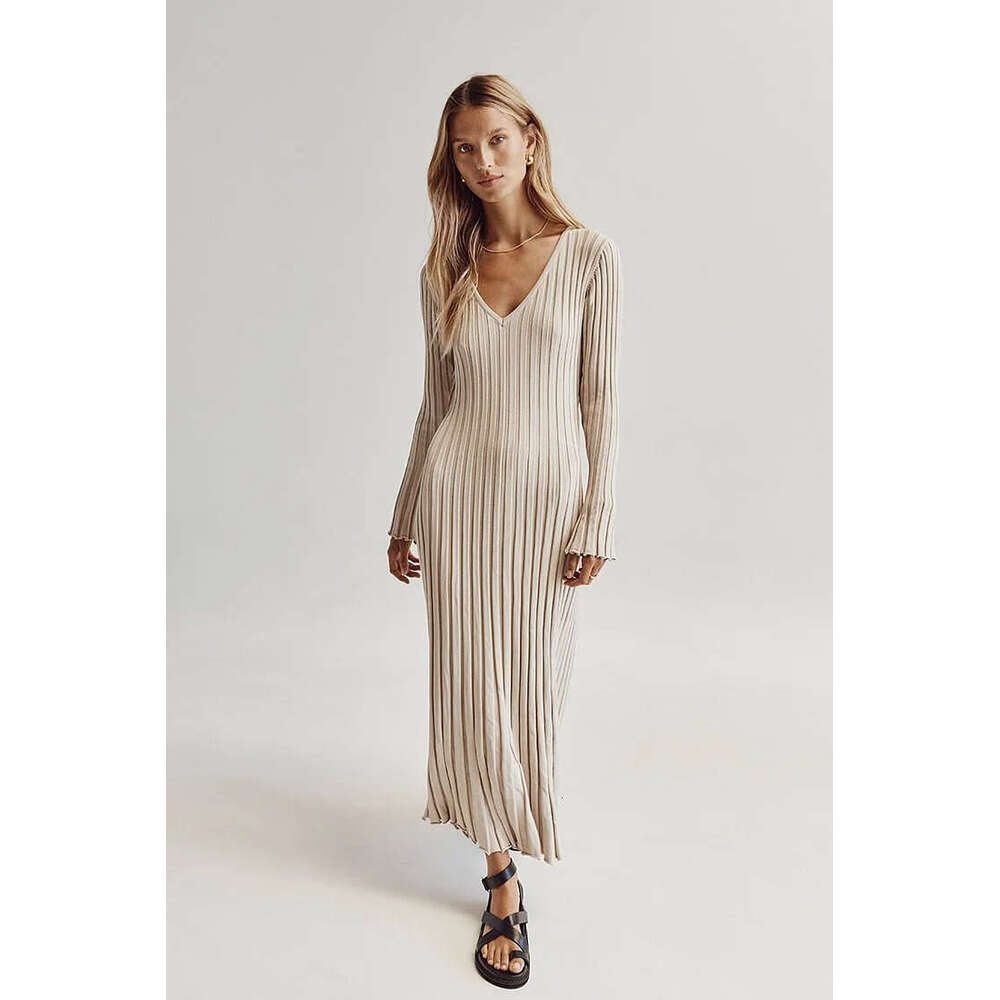 Spring Summer New Casual Waist V-Neck Ribbed Slimming Knitted Long Dress For Women B5