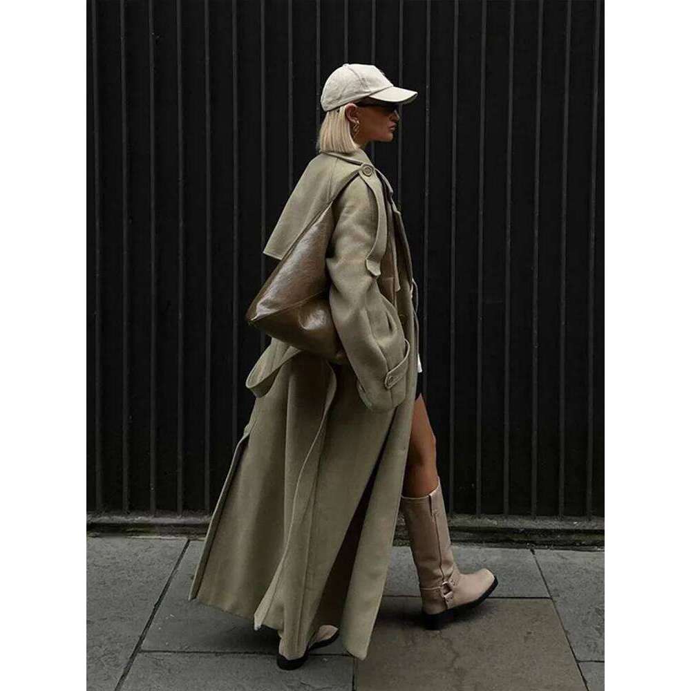 Lapel Woolen Long Coat Women Casual Double Breasted Pockets Shoulder Pads Female Coats 2024 Antumn Winter Thick Warm Lady Jacket