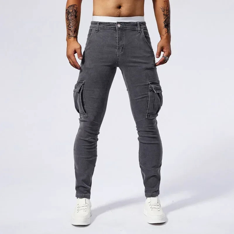 2025 Men Street Elastic Denim Jeans Multi Pockets Cargo Pants Casual Slim Denim Trousers Fashion Y2k Joggers Baggy Man Pants 250624