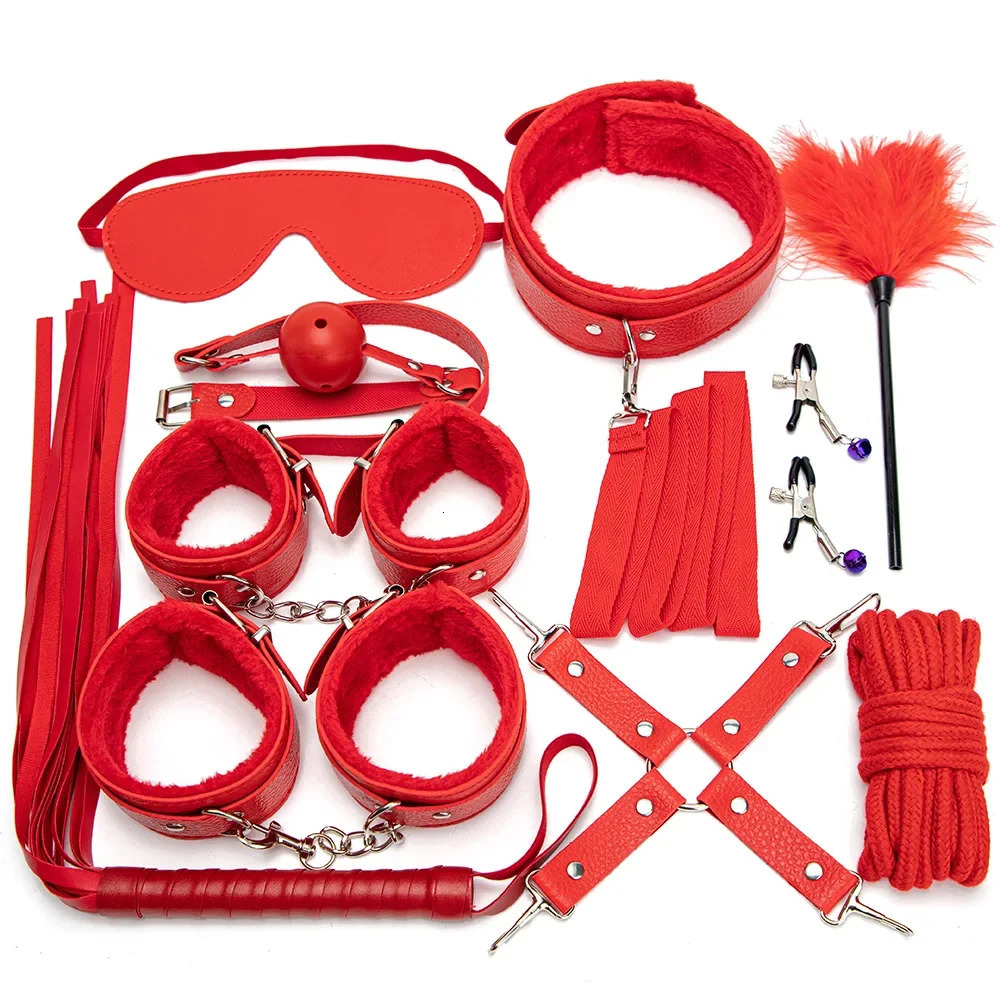 Sexy Leather BDSM Kits Handcuffs Nipple Clamps Whip Spanking Plush Sex Bondage Set Handcuffs Sex Games Sex Toys for Women Men 250624