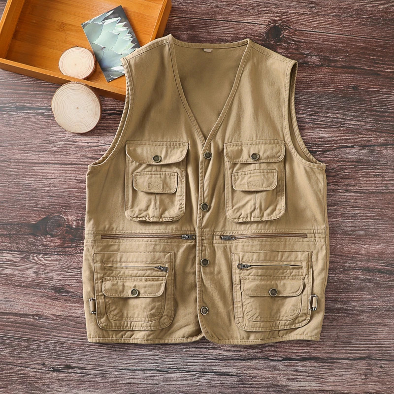 Summer Men Vintage Multi-function Multi Pocket Work Vest Coat Casual Mens Pographer Waistcoat Sleeveless Jacket Pure Cotton 250617