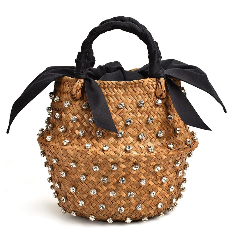 VIP Buy Summer Holiday Beach Bag with Pearl Ladies Woven Bucket Diamond ner Handbags 250624
