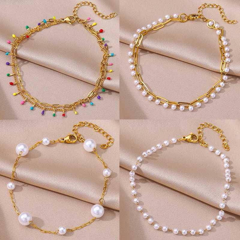 Stainless Steel Multi Layer Anklets for Women Boho Beaded Pearl Leg Chain Ankle Bracelet Female Summer Beach Accessories Jewelry U250624