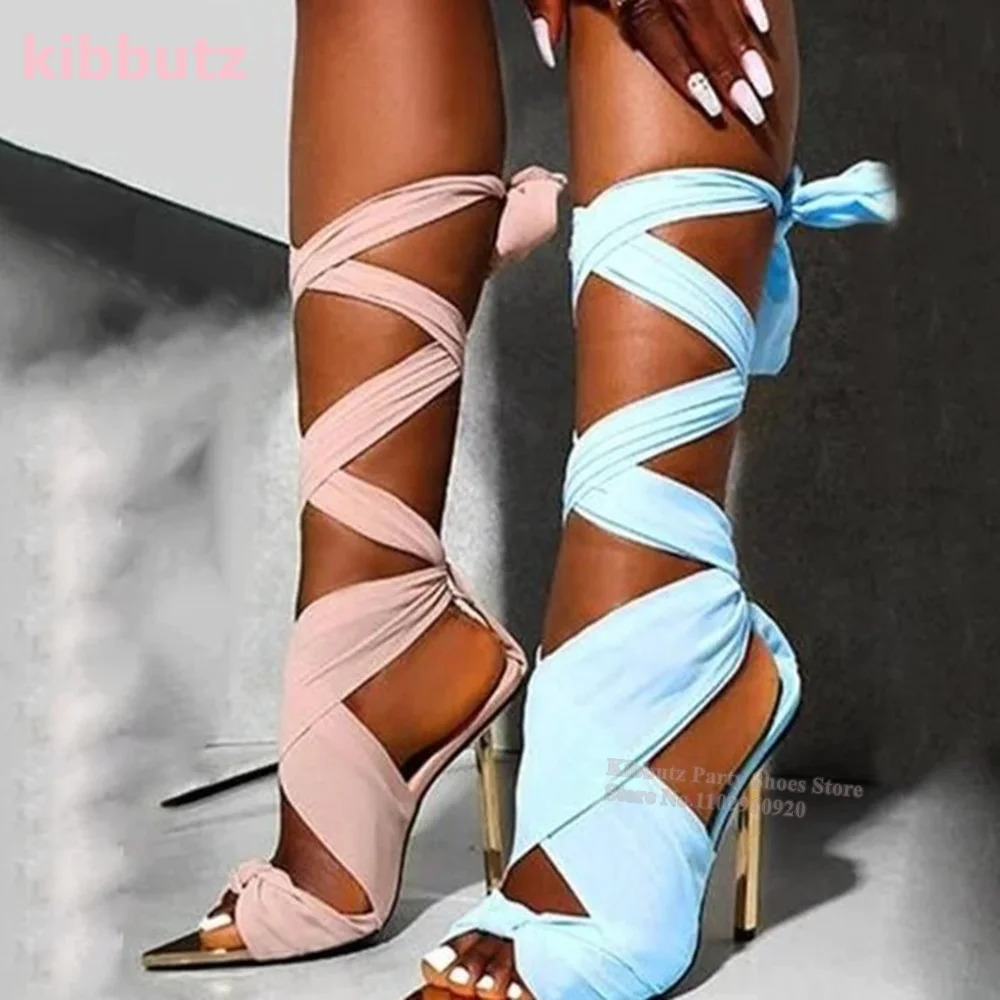 Satin Cross Strap Sandals Pointed Toe Metal Heel Solid Black Cloth Strappy Super High Fashion Show Shoes Sexy Elegant 250624