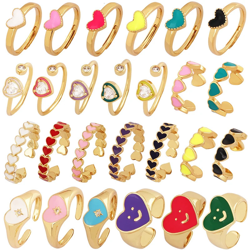 Love Heart Shape 18K Gold Plated Finger RingColourful Enamel Coated Zircon Open Adjustable Rings Jewelry Findings Supplies P34 250624