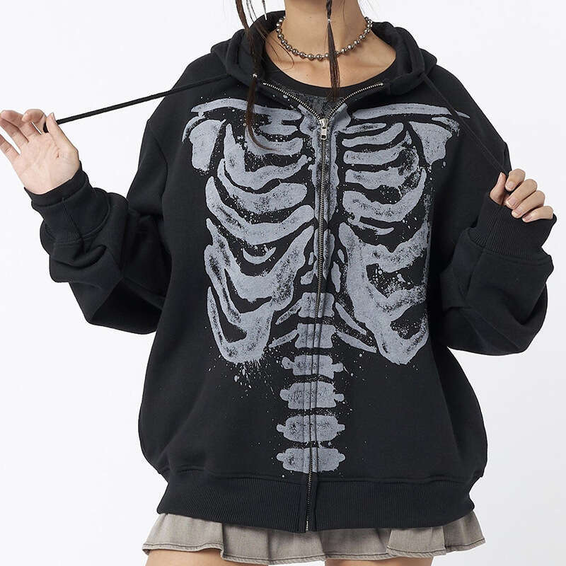 Street Style Skeleton Long Sleeve Women's Autumn Trendy Round Neck Cardigan Printed Loose Sweatshirt B5