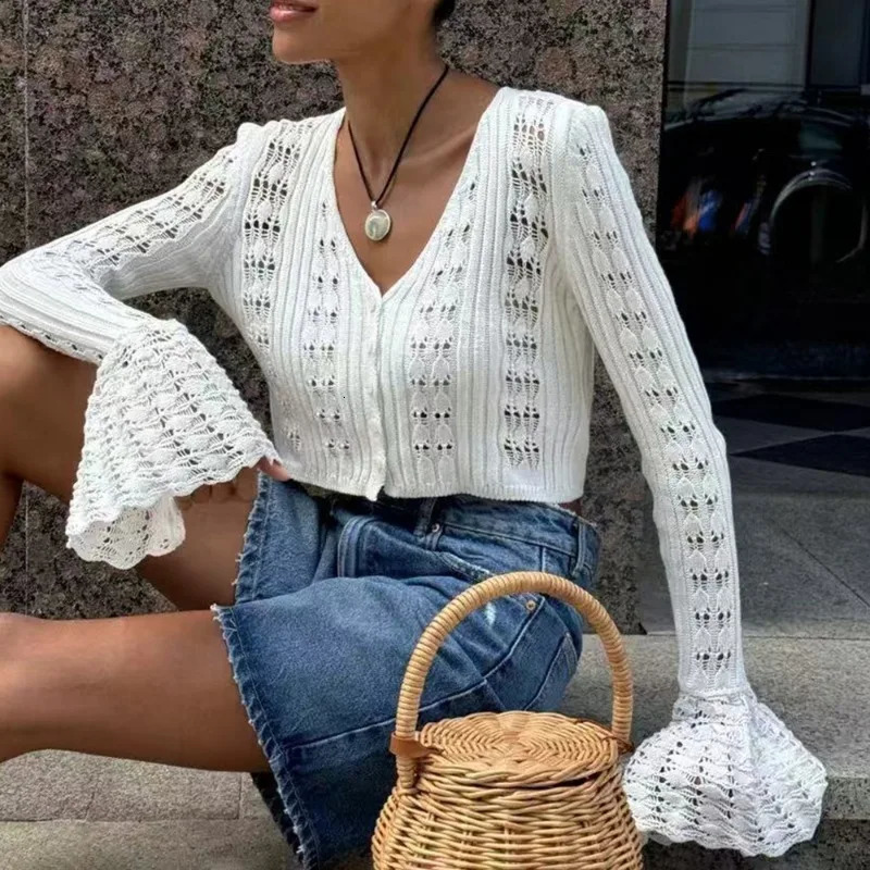 Tuularose Spring Knitted Cardigan Female Solid V-Neck Hollow Out Short Knitted Top Fashion Casual Loose Female T-Shirt 250614