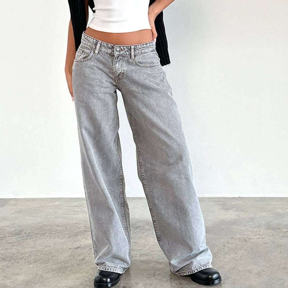 2025Designer Jeans Autumn Winter Solid Color Loose Denim Pants Women Low Waist Wide Leg Trousers With Multi Pockets Streetwear True Relgion Jeans Wome