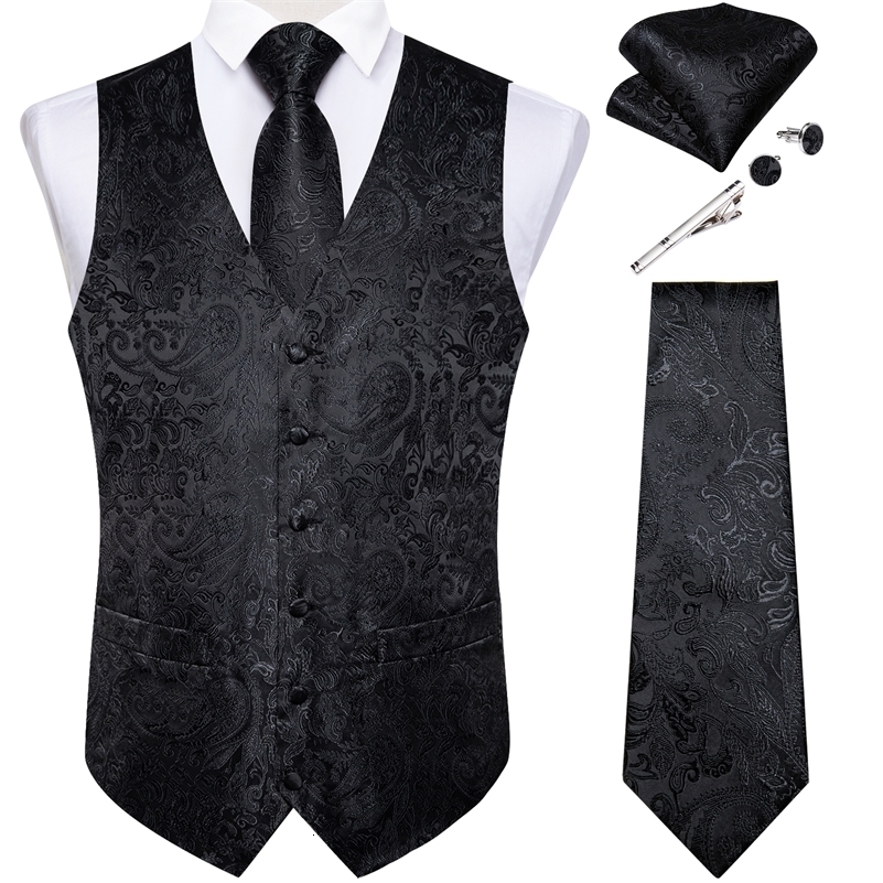 Suit Vest for Men Black Solid Paisley Wedding Prom Groom Jacquard Silk Waistcoat with Necktie for Tuxedo Men Clothing DiBanGu 250614