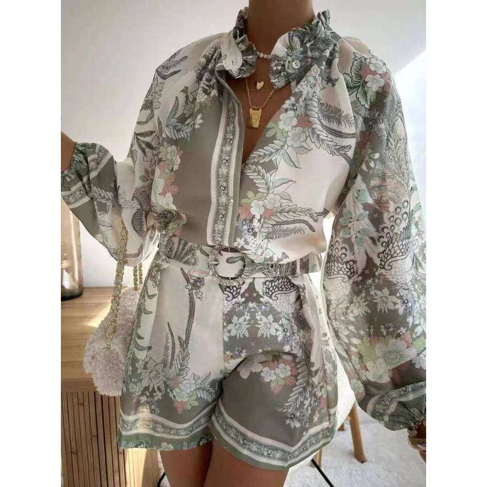 Vintage Printed Lantern Sleeve Button Shirt Set Casual Elastic Waist Wide Leg Short Pants Suit For Women 2025 Summer Street Wear