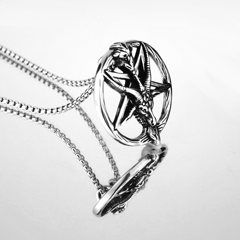Retro Goat Round Brand Hexagonal Star Pendant Couple Hip-hop Stainless Steel Necklace Casual Literary Gift for Men and Women