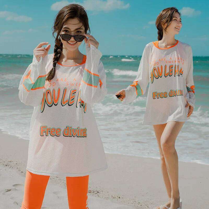 Women's Rash Guards Cover Up With Swimsuit Beach Bikini And Leggings Swimwear Beachwear Orange Tights Bodysuit Surfing Suits